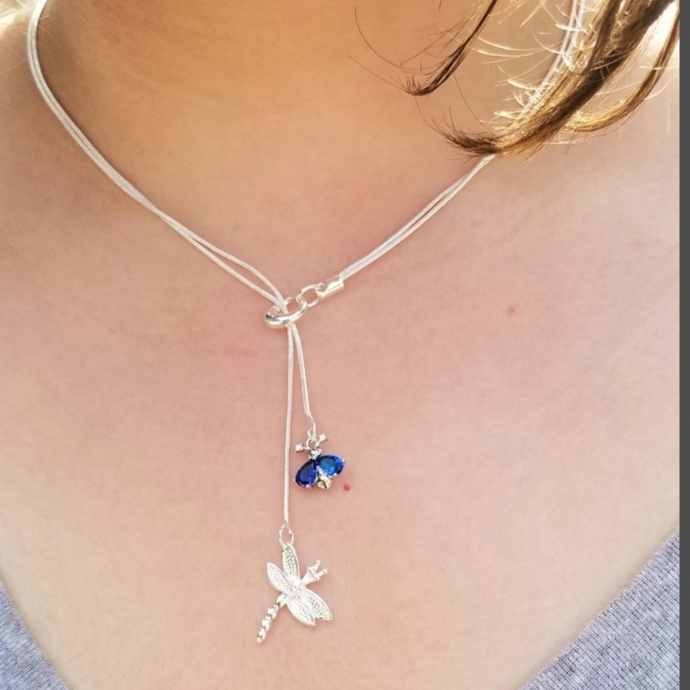 Sterling Silver Sapphire Bee & Dangle Lariat Necklace, September Birthstone